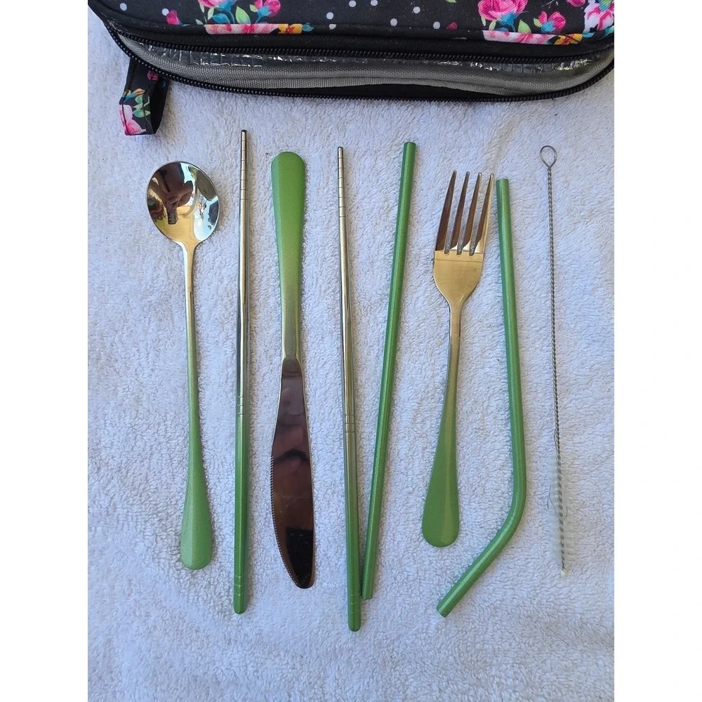 TOPBOOC Portable Travel Cutlery Set Stainless Steel Green 8 Piece Floral Case K3